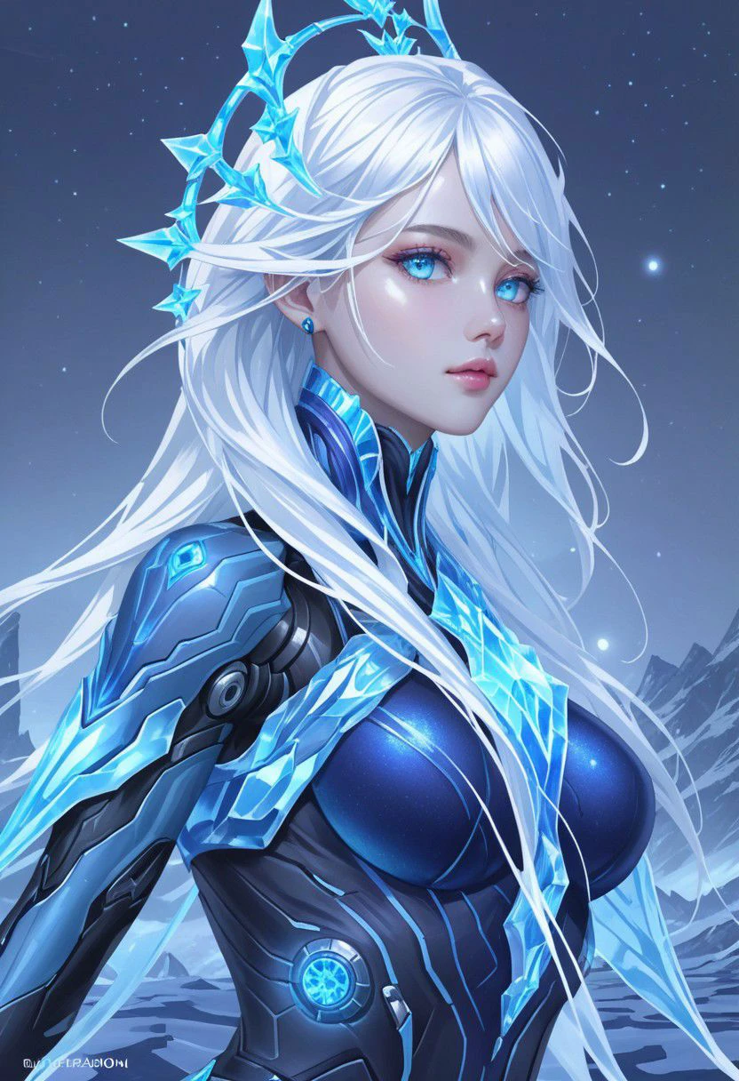 Hyper realistic portrait, Masterpiece, ultra Hd, trending on art station, cinematic lights, dull body Futuristic cyborg Aurora mobile legends((Long flowing white hair, blue eyes)), Ice ornaments, dynamic pose hand above, Cyberpunk theme, detailed ice,detailed ice ornaments, detailed face, detailed eyes, detailed pupils, detailed fingers, detailed hair, detailed iced ornaments, OverallDetail, extremely detailed, Aurora mobile legends, SK_Ghibli, By bad artist, SK_Cyberpunk