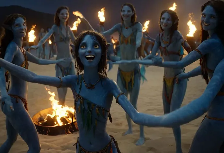 Kiri is dancing in circle of her blue-skinned sisters on beach sand, closeup, hands above the head, smiling, laughing, big eyes wide open, night, darkness, torches and campfires on sand, (high surf) on background, SK_CINEMATIC