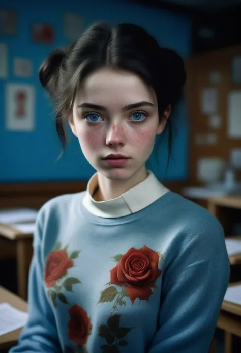 Photo of a cute girl in soviet classroom, girl ,analog photo, pale skin, jennifer connely, messy black hair, pale white skin, shiny cute pretty face, spreading realistic eye and face details), hyperrealism, very slim, fit body, bright face, blue eyes, choker, shes wearing random cozy top, she has a rose flower in her hair, plenty of freckles, highly detailed face, view from behind
Brightly Lit, Highly Visible, realistic colors,
Analog Style,Kodak Max 400 Film,
20mm f/1.8 lens,Wide Angle Shot.,
Symmetrical Composition,
Whimsical yet Numb.,
Quirky Character Designs,
dollhouse Aesthetics, dark cozy background,<lora:spotlight:0.1>, silhouette, spotlight,