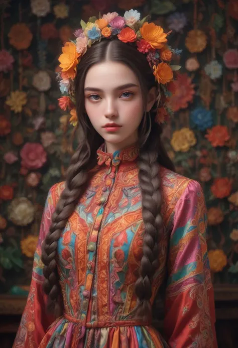 Kitsch maximalism fashion style,1Girl,Beautiful Brazilian woman, long incredibly intricately braided hair, colorful and overdecorated dress