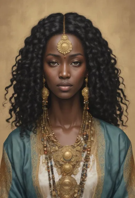 full-body shot of very beautiful african woman with petite body, wear traditional tribe clothes, african face, ethiopian, gold face painting on forehead and cheek, straight black hair, exotic face, standing on simple fabric, sHe leaned against the wall. seductive pose, oiled wet skin, very long hair, Long hair flowing down to the legs. wrinkles on the face, mature woman, smile, thick, curvy, chubby, belly, wide hip, thick thighs, thick leg, black hair, wet body sweating, necklace, full body shot, looking at viewer, natural face without make-up, arm bracelet, harming stare, smile, a pretty face featuring double eyelids, bare feet, set against a simple gold background. The color palette echoes golden richness, with gold elements and intricate patterns, detailed skin, detailed face, detailed eye, detailed lips, detailed hair, detailed nipples, detailed hand, SkinHairDetail, SK_ANALOGFILM