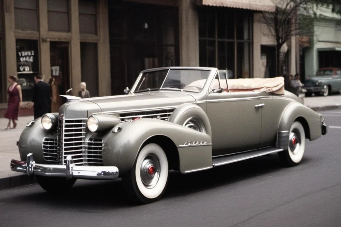 1939 Cadillac Sixteen convertible on a city street, side view, Movie Still, SK_ANALOGFILM