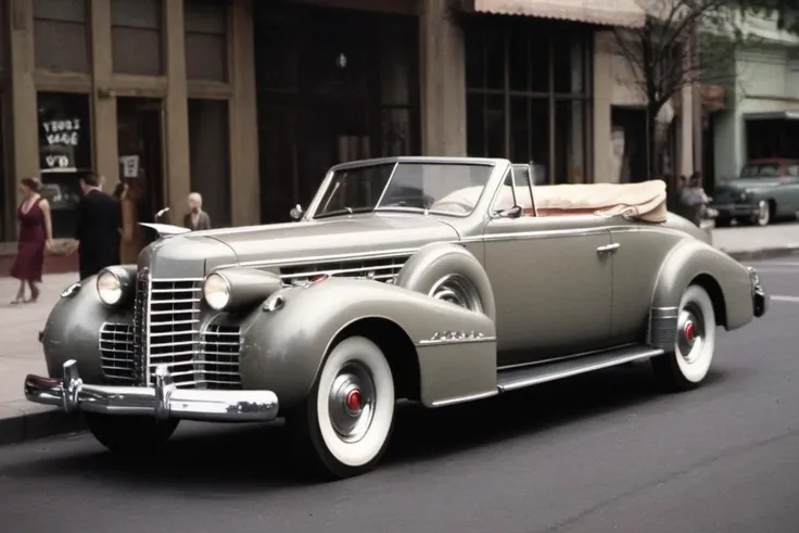 1939 Cadillac Sixteen convertible on a city street, side view, Movie Still, SK_ANALOGFILM