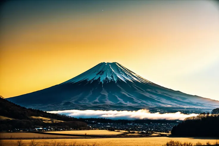 sun over fuji, SK_ANALOGFILM, ziprealism, lens flare, (masterpiece:1.2), best quality, <lora:EnvyBetterHiresFixXL01:1>, (high detailed skin:1.2), 8k uhd, dslr, soft lighting, high quality, film grain, Fujifilm XT3