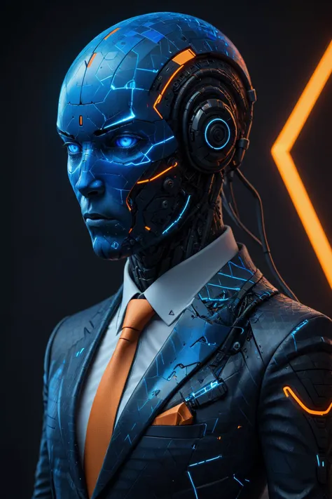 <lora:Faceless_Cyborgs:0.6> (noface:1.4), cyborg painted in blue and orange mad-triangles wearing a black suit <lora:Colorful_Triangles_SDXL:0.6> cyberpunk background, neon lights,  depth of view  ziprealism, <lora:EnvyBetterHiresFixXL01:1>, RAW photo, subject, 8k uhd, dslr, soft lighting, high quality, film grain, Fujifilm XT3