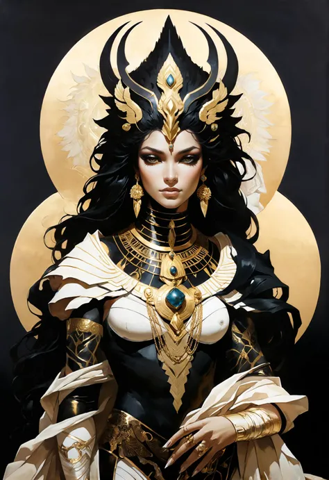 otherworldly astral monster, scifi, Greg Tocchini, bold lines, hyper detailed, (intricate details, masterpiece, best quality:1.2), black and ivory hue, astral pharaoh woman, outside at a oasis water, fantasy, dynamic pose, (adorned by egyptian gold jewelry:0.9), usekh collar, in the style of nicola samori <lora:add-detail-xl:1> <lora:xl_more_art-full_v1:0.7><lora:sdxl/nicola_samori_dark_art_style:1> <lora:looking_at_viewer:1.2>