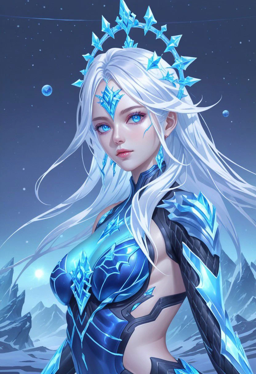 Hyper realistic portrait, Masterpiece, ultra Hd, trending on art station, cinematic lights, dull body Futuristic cyborg Aurora mobile legends((Long flowing white hair, blue eyes)), Ice ornaments, dynamic pose hand above, Cyberpunk theme, detailed ice,detailed ice ornaments, detailed face, detailed eyes, detailed pupils, detailed fingers, detailed hair, detailed iced ornaments, OverallDetail, extremely detailed, Aurora mobile legends, SK_Ghibli, By bad artist, SK_Cyberpunk