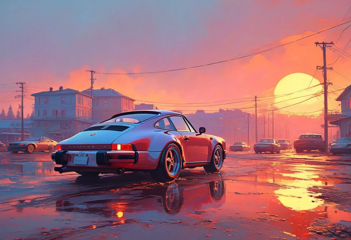 "Ilya Kuvshinov" style.
Visually absurdly cluttered fantasy landscape.
"1985 Porsche 911 Carrera".
Lot's of wind and magical lights scattered everywhere.
Dusk.
Long shadows.
By "Simon Stalenhag".
Life-like details.
Cinematic.
Dramatic.
Dynamic.
Extremely refined lines and and shapes.
Extremely refined details on objects.
Sharp details.
Wide range of colors.
Many details everywhere. Ray-Tracing. Anti-Aliasing. Realistic soft shadows. Low saturation colors. Insane quality. Insane resolution. Insane details. Masterpiece. 32k resolution.