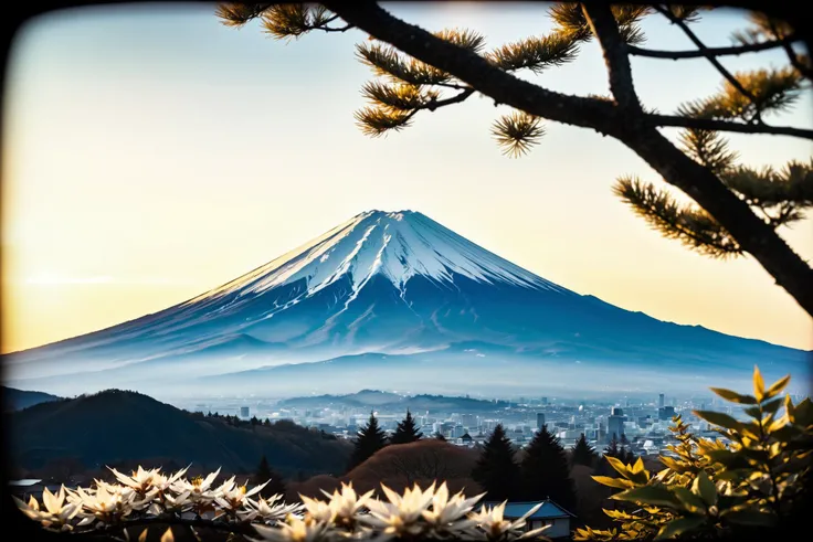 sun over fuji, SK_ANALOGFILM, ziprealism, lens flare, (masterpiece:1.2), best quality, <lora:EnvyBetterHiresFixXL01:1>, (high detailed skin:1.2), 8k uhd, dslr, soft lighting, high quality, film grain, Fujifilm XT3