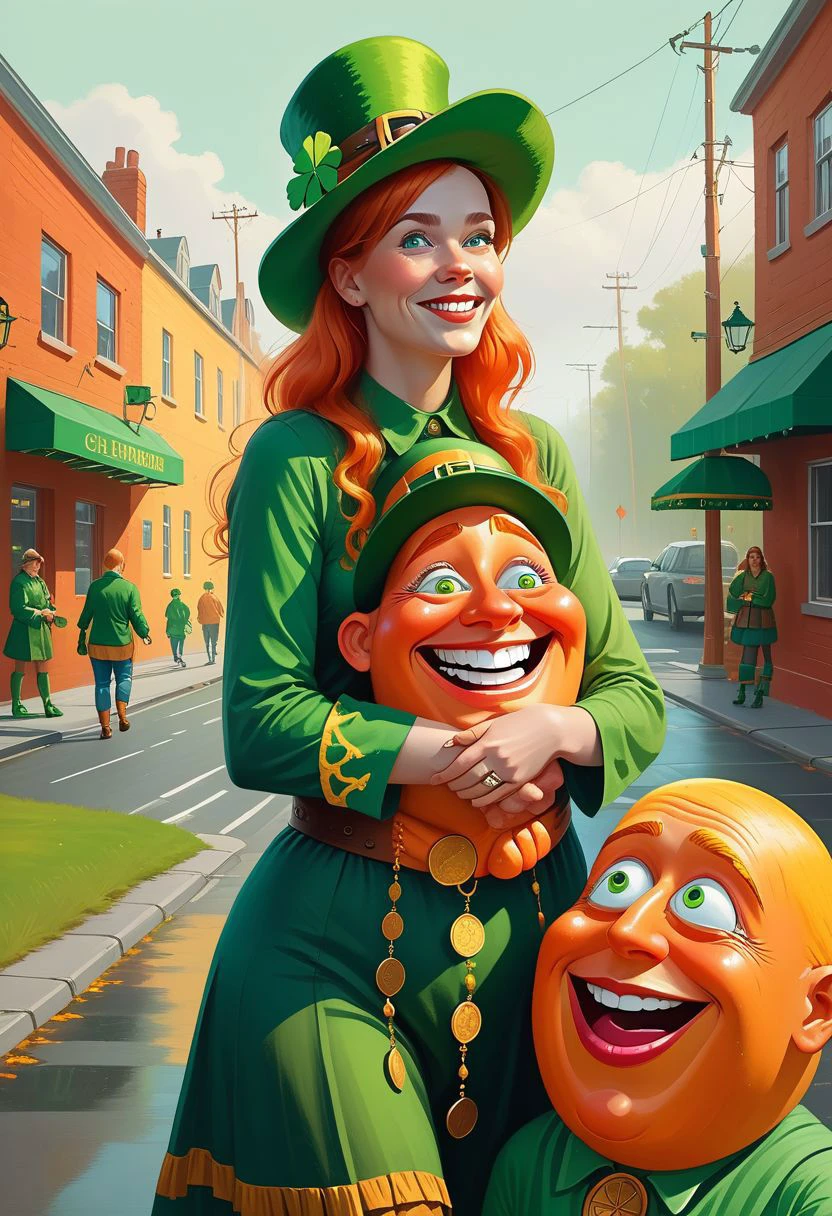 Front 3/4 view portrait IRELAND themed Picture illustration of a
hilariously happy woman happily hugging a
massive, translucent, multicolor, human-sized leprechaun-shaped thing.
The woman is looking straight to the viewer with charming eyesight, and sensually parted lips.
The lips are ireland themed.
Celtic symbols, golden coins, quarterfoils and St. Patrick's Day elements are scattered all around.
Many details everywhere. Ray-Tracing. Anti-Aliasing. Realistic reflections. Realistic soft shadows. Ironic.
Spiritual.
Partially introspective.
Uplifting.
Slightly desaturated colors.
Visible paint strokes.
Insane quality. Insane resolution. Insane details. Masterpiece.
By Simon Stalenhag.
16k resolution
