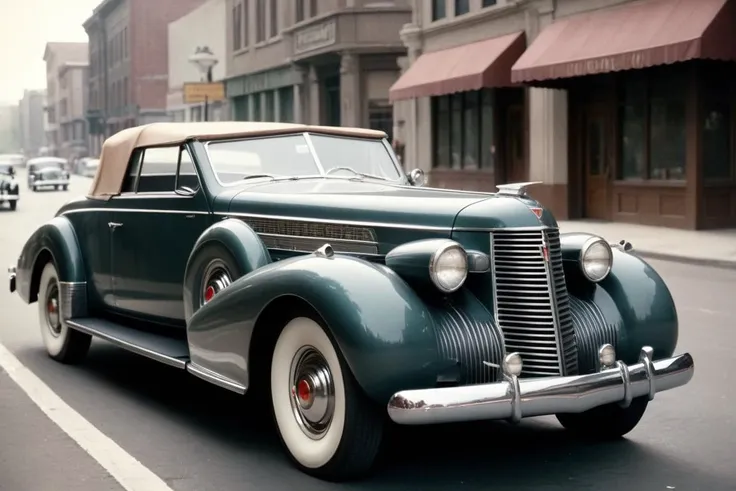 1939 Cadillac Sixteen convertible on a city street, side view, Movie Still, SK_ANALOGFILM