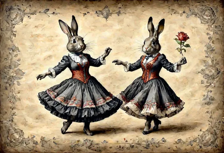 DarkFantasy, color ((((graphite)))) on parchment, two rabbits dressed as flamenco dancers, tango, extremely detailed