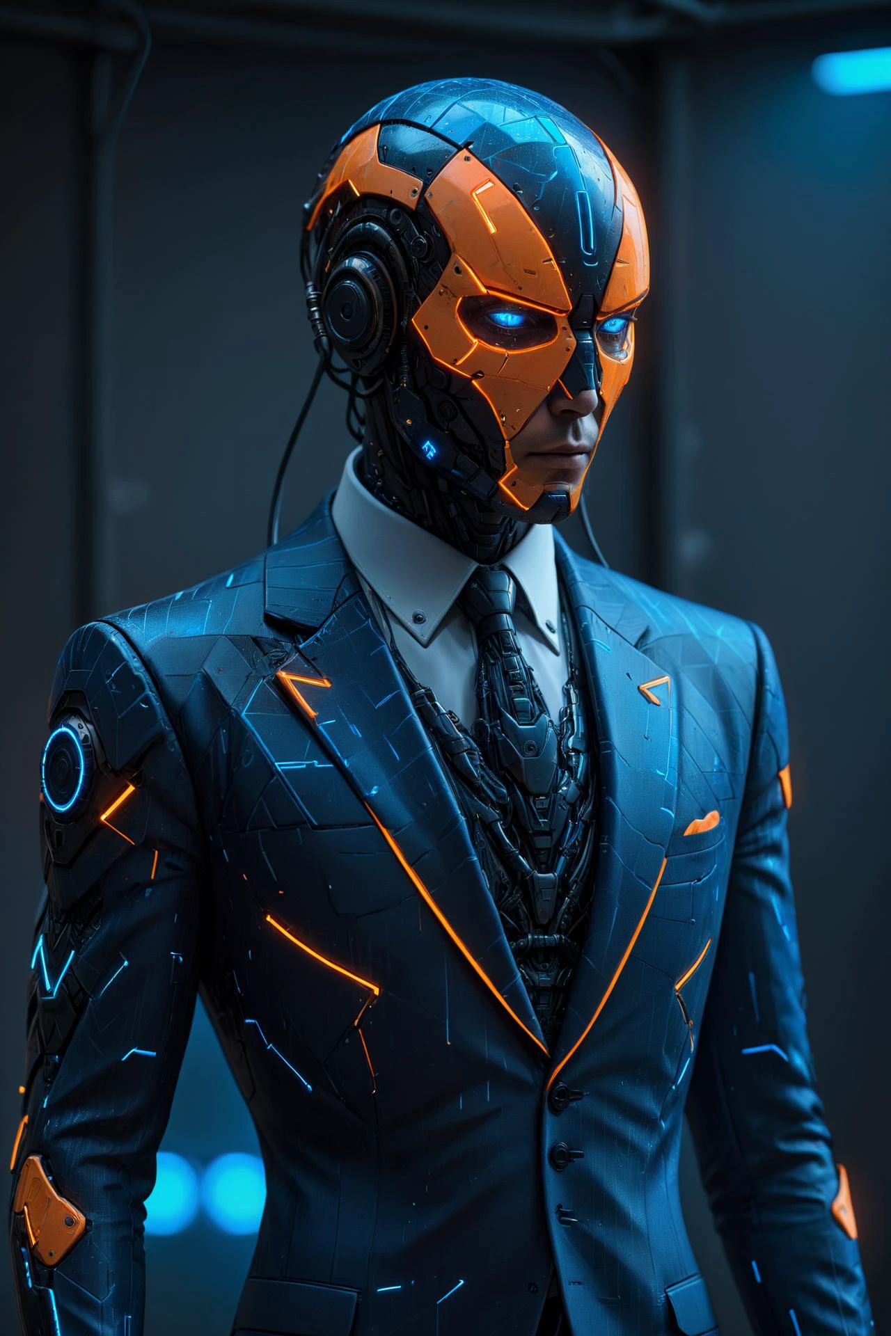 <lora:Faceless_Cyborgs:0.6> (noface:1.4), cyborg painted in blue and orange mad-triangles wearing a black suit <lora:Colorful_Triangles_SDXL:0.6> cyberpunk background, neon lights, depth of view ziprealism, <lora:EnvyBetterHiresFixXL01:1>, RAW photo, subject, 8k uhd, dslr, soft lighting, high quality, film grain, Fujifilm XT3