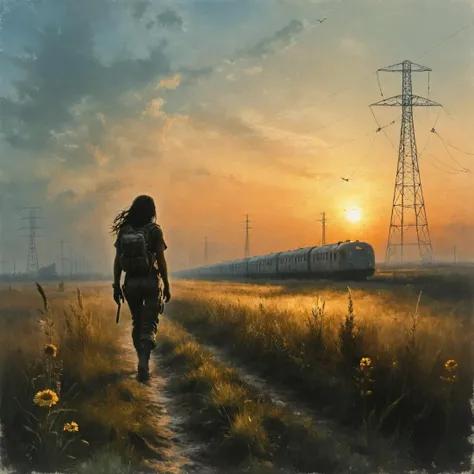An digital illustration drawing masterpiece with intricate details and the best quality art by, (petrus van schendel) (Hans Larwin) and (dorian cleavenger) with (luis royo), (chernobyl) exclusion zone, clear sky, sunset, late summer, vast meadow, tall grass, wildflowers, train station in the distance, high voltage power lines, prypiat silhouette on the horizon, stalker woman, walking, in motion, wearing, hooded jacket, kevlar vest, tactical pants, tactical gear, military backpack, thigh holster, m17 gas mask, <lora:Kodak Motion Picture Film Style v4:1> <lora:add_detail:0.8> <lora:aesthetic:0.8> <lora:LaxpeintXL-2.0:0.5> <lora:extremely_detailed:0.5> <lora:Desolation:0.3>