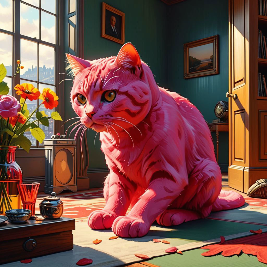 Vibrant "Iron Maiden"'s album cover style.
Title: "The Pink Cat Vendetta".
Pristine Aesthetic.
Life-like details.
Cinematic.
Dramatic.
Dynamic.
Ironic.
Extremely refined lines and and shapes.
Extremely refined details on objects.
Sharp details.
Wide range of colors.
Many details everywhere. Ray-Tracing. Anti-Aliasing. Realistic soft shadows. Low saturation colors. Insane quality. Insane resolution. Insane details. Masterpiece. 32k resolution.