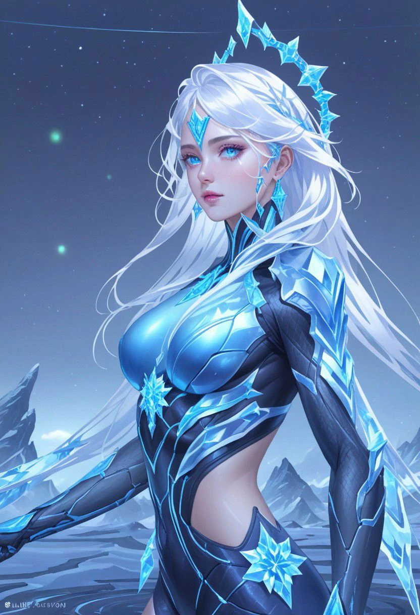 Hyper realistic portrait, Masterpiece, ultra Hd, trending on art station, cinematic lights, dull body Futuristic cyborg Aurora mobile legends((Long flowing white hair, blue eyes)), Ice ornaments, dynamic pose hand above, Cyberpunk theme, detailed ice,detailed ice ornaments, detailed face, detailed eyes, detailed pupils, detailed fingers, detailed hair, detailed iced ornaments, OverallDetail, extremely detailed, Aurora mobile legends, SK_Ghibli, By bad artist, SK_Cyberpunk
