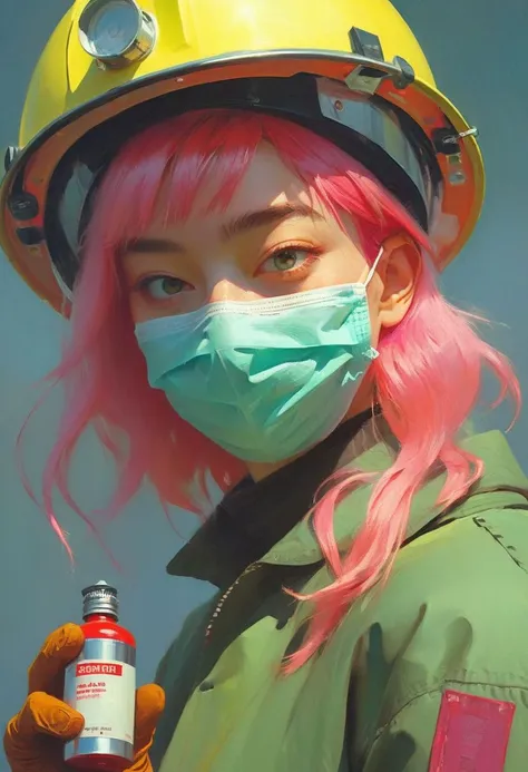 "Ilya Kuvshinov" style.
Epic glitch-core 2000mm ultra-wide angle low angle shot portrait of 
A green-dressed, hot-pink haired, hip-hop woman with surgical mask and surgical gloves, handling a zippo lighter.
Looking at viewer over her shoulders. 
Sweetly smiling. 
"Retro-Futuristic" style.
Burning suburban home on the background. And a firefighter truck with lights on.
Dusk.
Long shadows.
By "Simon Stalenhag".
Life-like details.
Cinematic. 
Dramatic. 
Dynamic. 
Extremely refined lines and and shapes.
Extremely refined details on objects.
Sharp details.
Wide range of colors.
Many details everywhere. Ray-Tracing. Anti-Aliasing. Realistic soft shadows. Low saturation colors. Insane quality. Insane resolution. Insane details. Masterpiece. 32k resolution.