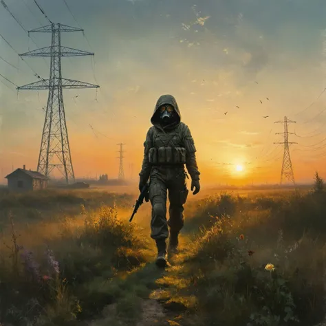 An digital illustration drawing masterpiece with intricate details and the best quality art by, (petrus van schendel) (Hans Larwin) and (dorian cleavenger) with (luis royo), (chernobyl) exclusion zone, clear sky, sunset, late summer, vast meadow, tall grass, wildflowers, train station in the distance, high voltage power lines, prypiat silhouette on the horizon, stalker woman, walking, in motion, wearing, hooded jacket, kevlar vest, tactical pants, tactical gear, military backpack, thigh holster, m17 gas mask, <lora:Kodak Motion Picture Film Style v4:1> <lora:add_detail:0.8> <lora:aesthetic:0.8> <lora:LaxpeintXL-2.0:0.5> <lora:extremely_detailed:0.5> <lora:Desolation:0.3>