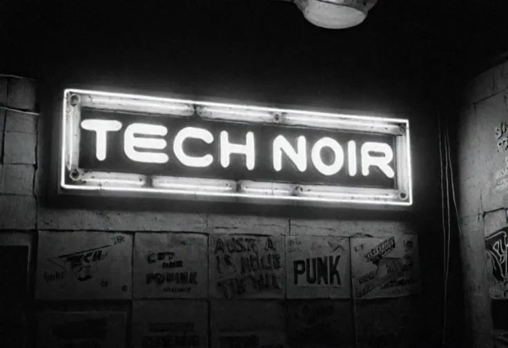 cinematic, ((black and white, monochrome, greyscale)), photograph, in 1985, inside of a punk nightclub, a neon sign says "TECH & NOIR' on a wall, focus on sign, noise, detailed, high quality, cinematic lighting, contrast, heavy dynamic shadows, atmospheric,