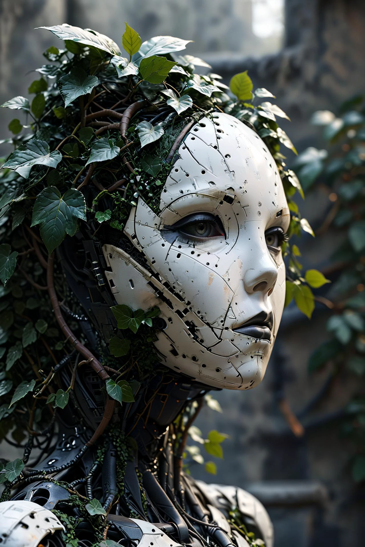 noface cyborg made from fractal vines, concret wall, ivy, plantts<lora:Faceless_Cyborgs-000014:0.8> <lora:Fractal_Vines:1> ziprealism SK_CINEMATIC, masterpiece, best quality, ultra high res, (photorealistic, realistic:1.2), deep shadow, raw photo, film grain, Fujifilm XT3, 8k uhd, dslr, <lora:EnvyBetterHiresFixXL01:1>