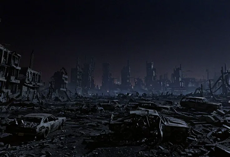 cinematic, detailed, 1980's scifi action film, screencap, (masterpiece, best quality:1.5), landscape, extreme wide shot, exterior shot, a battle-ravaged city, destroyed buildings, skulls and bones litter the ground, (in a dark, dimly lit, retro-futuristic, noir, scene, at night:1.5), smoke, fires burn inside destroyed vehicles, dystopian, bleak, nihilistic, 4k, high quality, inspired by James Cameron's Terminator film, filmed with a Panavision Panaflex in 1984,