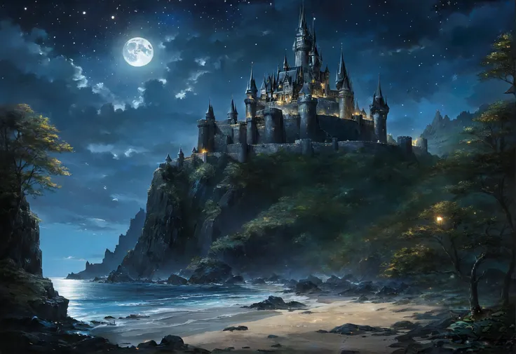 masterpiece, top quality, best quality, official art, black castle at night, black rock, moon, star sky