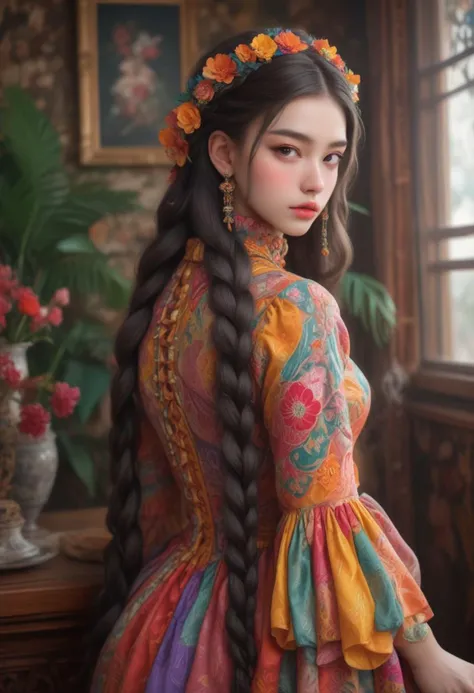Kitsch maximalism fashion style,1Girl,Beautiful Brazilian woman, long incredibly intricately braided hair, colorful and overdecorated dress