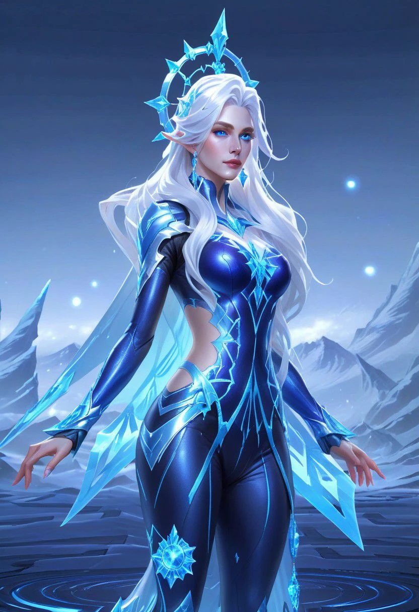 Hyper realistic portrait, Masterpiece, ultra Hd, trending on art station, cinematic lights, character design sheet, full body Futuristic cyborg Aurora mobile legends((Long flowing white hair, blue eyes)), Ice ornaments, dynamic pose hand above, Cyberpunk theme, detailed ice,detailed ice ornaments, detailed face, detailed eyes, detailed pupils, detailed fingers, detailed hair, detailed iced ornaments, OverallDetail, extremely detailed, Aurora mobile legends, SK_Ghibli, By bad artist, SK_Cyberpunk,
