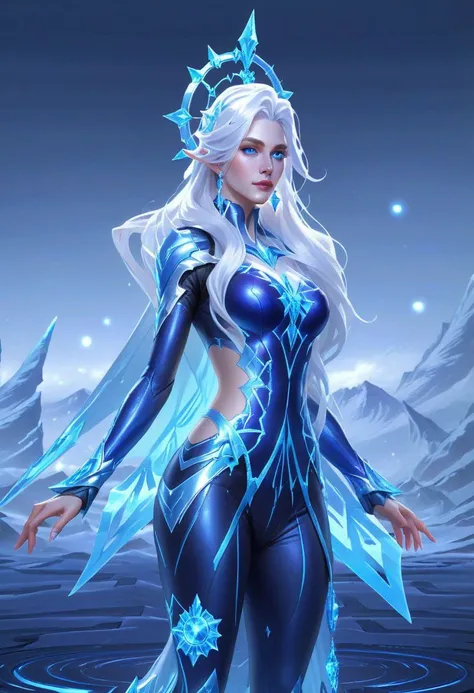 Hyper realistic portrait, Masterpiece, ultra Hd, trending on art station, cinematic lights, character design sheet, full body Futuristic cyborg Aurora mobile legends((Long flowing white hair, blue eyes)), Ice ornaments, dynamic pose hand above,  Cyberpunk theme, detailed ice,detailed ice ornaments, detailed face, detailed eyes, detailed pupils, detailed fingers, detailed hair, detailed iced ornaments, OverallDetail, extremely detailed, Aurora mobile legends, SK_Ghibli, By bad artist, SK_Cyberpunk,