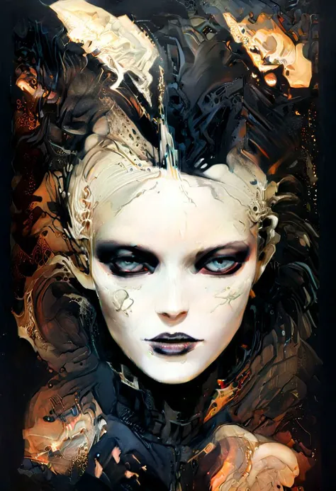 Face of otherworldly astral dark queen, scifi, Greg Tocchini, bold lines, hyper detailed, (intricate details, masterpiece, best quality:1.2), black and ivory hue, looking at viewer, dynamic pose, back view, face, in the style of nicola samori