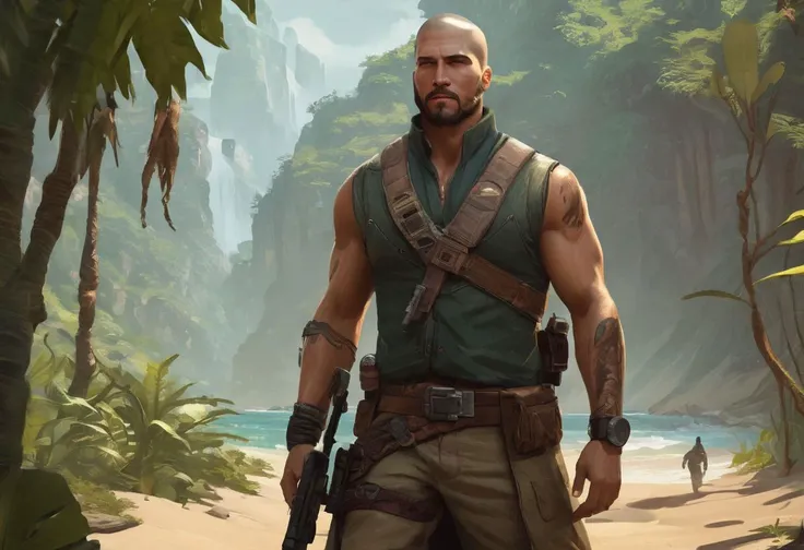 SK_DIGITALART, utopian scifi epic fantasy, a handsome attractive brawny muscular (sleeveless:1.6) 30-year-old male bedouin bounty hunter, (short hair:1.5), short beard, waiting at a crowded intergalactic caf (situated in the jungle:1.4), peaceful, serene, extremely detailed masterpiece, perfect hands, color illustration by karol bak