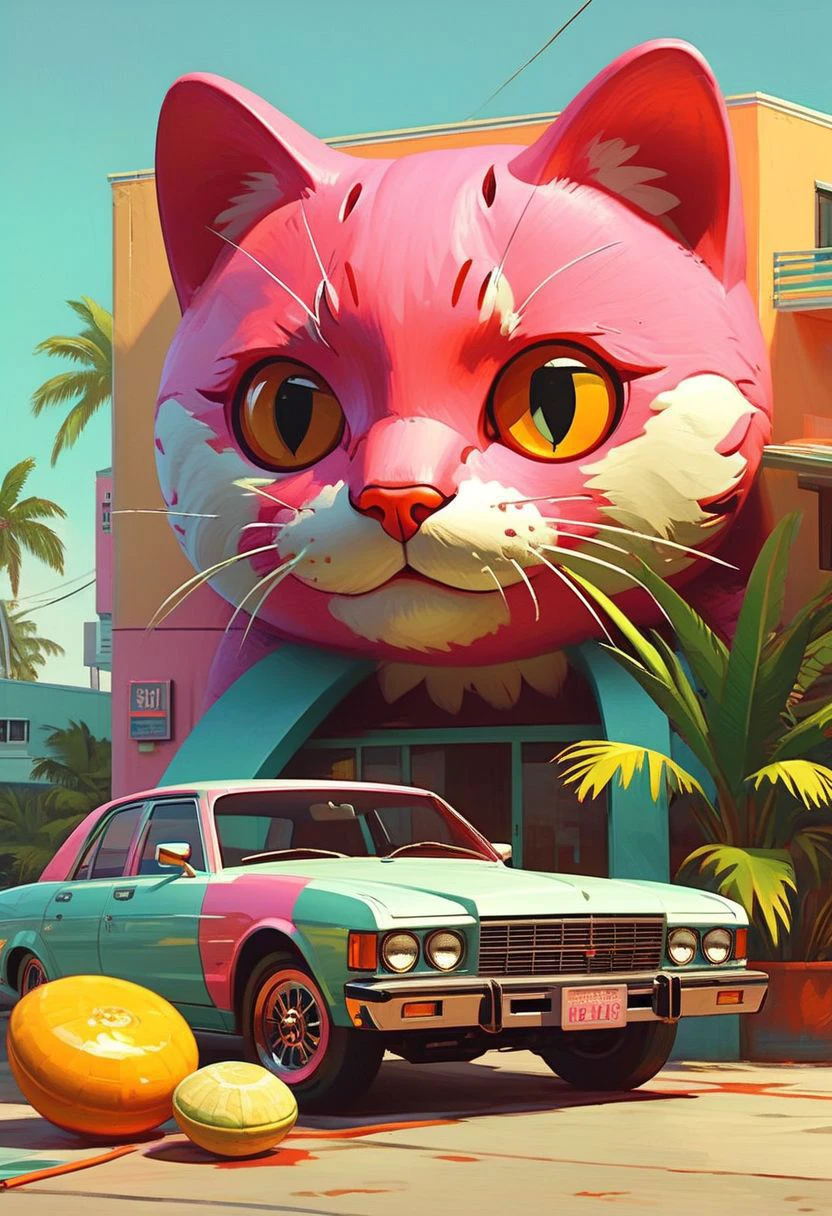 "Grand Theft Auto: Vice City Stories" (the videogame) style.
Portrait of "Kawaii-Kitty-Claw" (from Grand Theft Auto Five).
In "Miami" aesthetic.
By "Simon Stalenhag".
Life-like details.
Cinematic.
Dramatic.
Dynamic.
Extremely refined lines and and shapes.
Extremely refined details on objects.
Sharp details.
Wide range of colors.
Many details everywhere. Ray-Tracing. Anti-Aliasing. Realistic soft shadows. Low saturation colors. Insane quality. Insane resolution. Insane details. Masterpiece. 32k resolution.