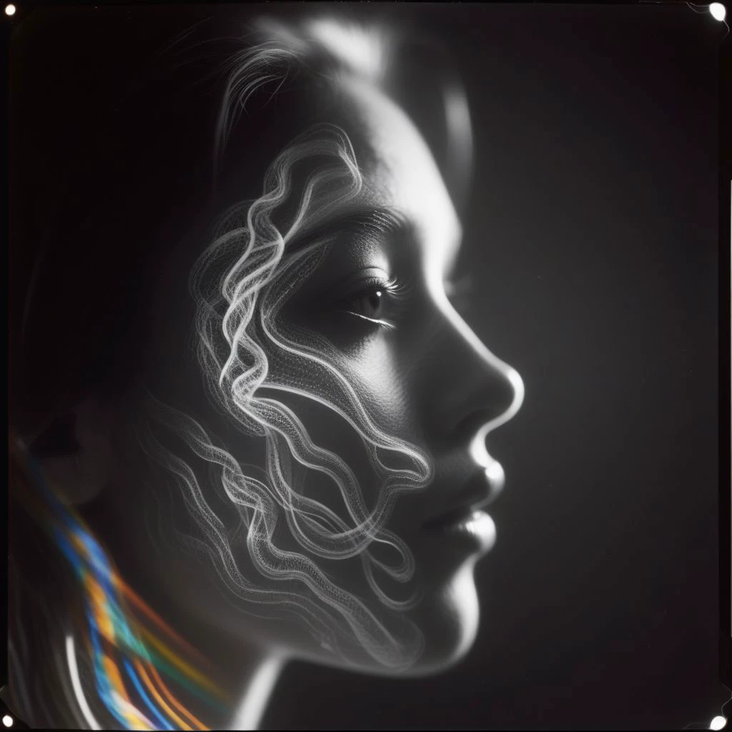 A close-up left facing, black and white, pinhole camera, profile portrait, a beautiful brunette woman made of glass, colorful light from hoph fibration bundles create quantum gravity that dramatically distorts, stretches, twisting her features, snakes climb through her distorted features