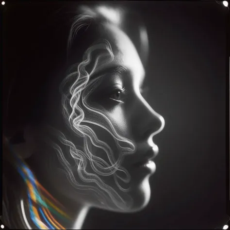 A close-up left facing, black and white, pinhole camera, profile portrait, a beautiful brunette woman made of glass, colorful light from hoph fibration bundles create quantum gravity that dramatically distorts, stretches, twisting her features, snakes climb through her distorted features