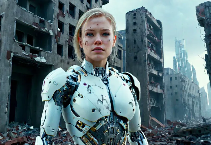 1 white female cyborg, standing pose, perfectly beautiful face, (solo:1.5), full body, from front, blonde hair, 32k UHD resolution, highly detailed, photo realistic, background intricate ruined wasted city, Cinematic Lighting, wide angle exterior background, SK_CINEMATIC