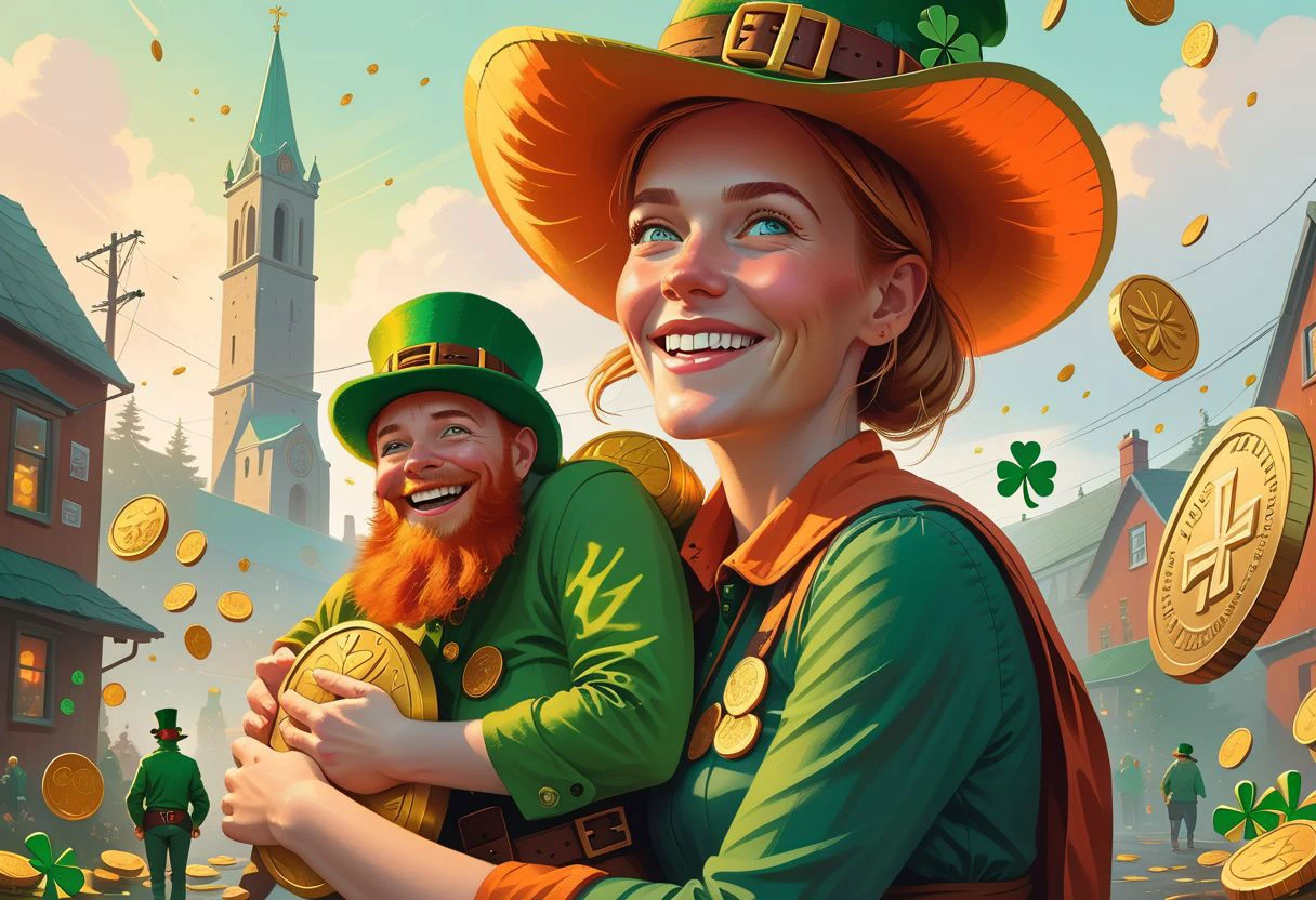 Front 3/4 view portrait IRELAND themed Picture illustration of a
hilariously happy woman happily hugging a
massive, translucent, multicolor, human-sized leprechaun-shaped thing.
Celtic symbols, golden coins, quarterfoils and St. Patrick's Day elements are scattered all around.
Many details everywhere. Ray-Tracing. Anti-Aliasing. Realistic reflections. Realistic soft shadows. Moody. Disturbing. Insane quality. Insane resolution. Insane details. Masterpiece.
by Simon Stalenhag.