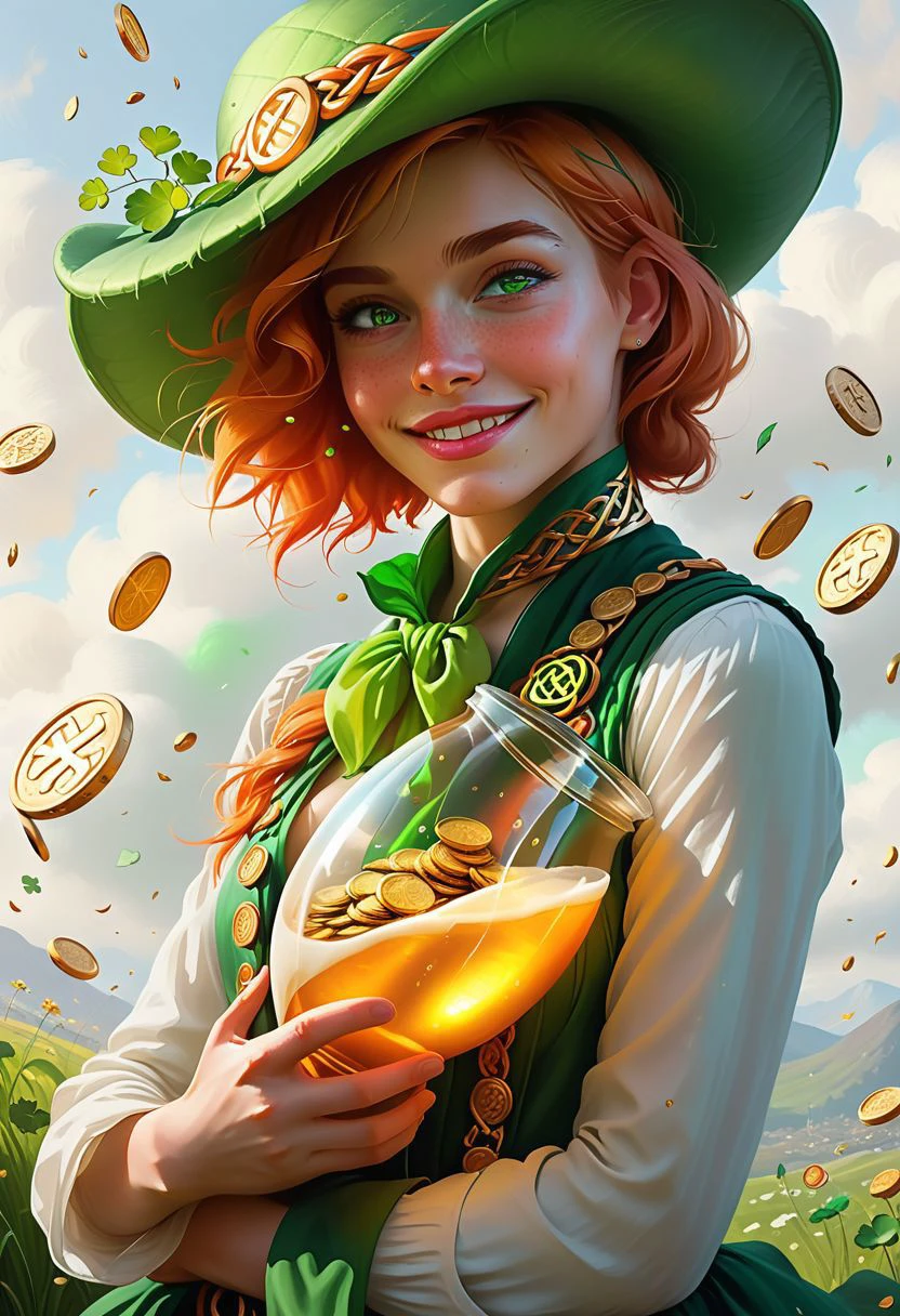Front 3/4 view cinematic portrait IRELAND themed Picture illustration of a
hilariously happy androgynous 25yo woman happily hugging a
massive, translucent, multicolor, human-sized leprechaun-shaped thing.
The woman is looking straight to the viewer with charming eyesight, and sensually parted lips.
The lips are ireland themed.
Celtic symbols, golden coins, quarterfoils and St. Patrick's Day elements are scattered all around.
Green cannons shoot golden coins and other celtic things in the air.
Many details everywhere. Ray-Tracing. Anti-Aliasing. Realistic reflections. Realistic soft shadows. Ironic.
Spiritual.
Partially introspective.
Uplifting.
Slightly desaturated colors.
Visible paint strokes.
Insane quality. Insane resolution. Insane details. Masterpiece.
By Caravaggio.
16k resolution