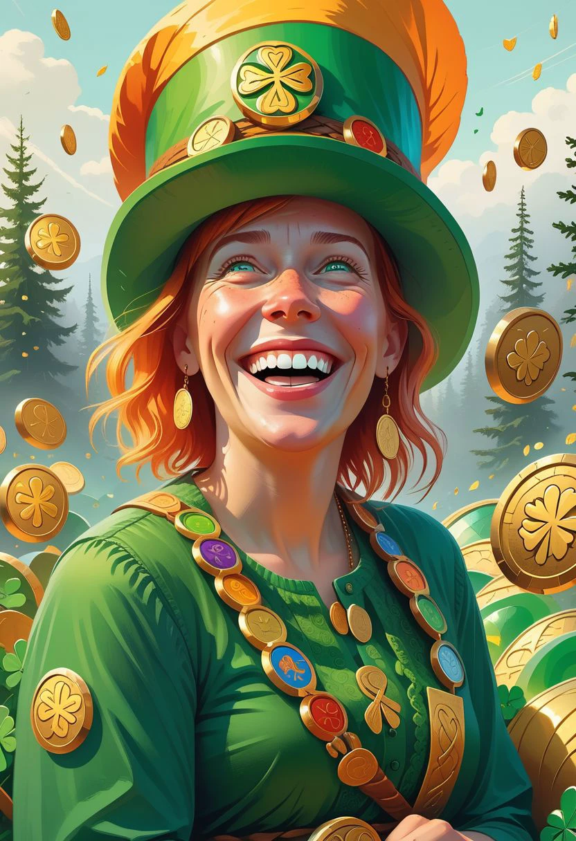Front 3/4 view portrait IRELAND themed Picture illustration of a
hilariously happy woman happily hugging a
massive, translucent, multicolor, human-sized leprechaun-shaped thing.
Celtic symbols, golden coins, quarterfoils and St. Patrick's Day elements are scattered all around.
Many details everywhere. Ray-Tracing. Anti-Aliasing. Realistic reflections. Realistic soft shadows. Moody. Disturbing. Insane quality. Insane resolution. Insane details. Masterpiece.
by Simon Stalenhag.