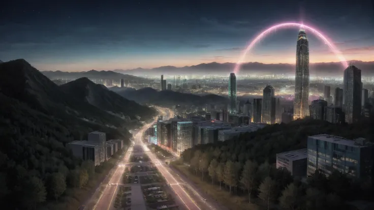 RAW photo, high quality aerial overview of huge mountainous cityscape, vast city like Tokyo, city landscape, (dark night:1.1), aurora borealis, stars,atmospheric haze, city covered valleys, a sci-fi cyberpunk neon city with super high rise buildings, glass curtain wall,night view of cityscape, glowing neon lights, city blocks, parks with lakes,  forest, road network, street lights, city skyline silhoette against twilight sunrise at horizon, some clouds,
<lora:SLskyscraperrenderingXL_V1.0:0.8>,
<lora:RMSDXL_Darkness_Cinema:0.8>,
 Milky Way, Night sky,
SK_Cyberpunk,
<lora:nlgtstyle:0.8> nlgtstyle