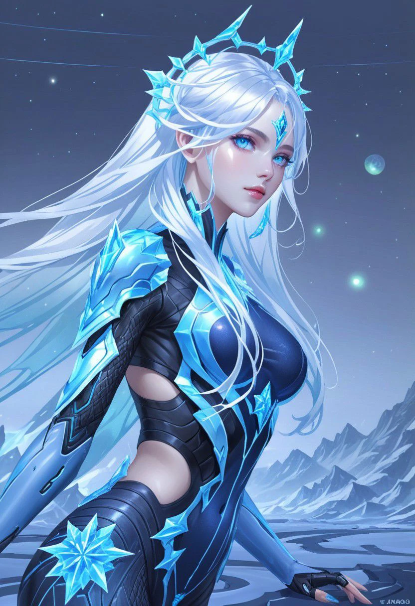 Hyper realistic portrait, Masterpiece, ultra Hd, trending on art station, cinematic lights, dull body Futuristic cyborg Aurora mobile legends((Long flowing white hair, blue eyes)), Ice ornaments, dynamic pose hand above, Cyberpunk theme, detailed ice,detailed ice ornaments, detailed face, detailed eyes, detailed pupils, detailed fingers, detailed hair, detailed iced ornaments, OverallDetail, extremely detailed, Aurora mobile legends, SK_Ghibli, By bad artist, SK_Cyberpunk
