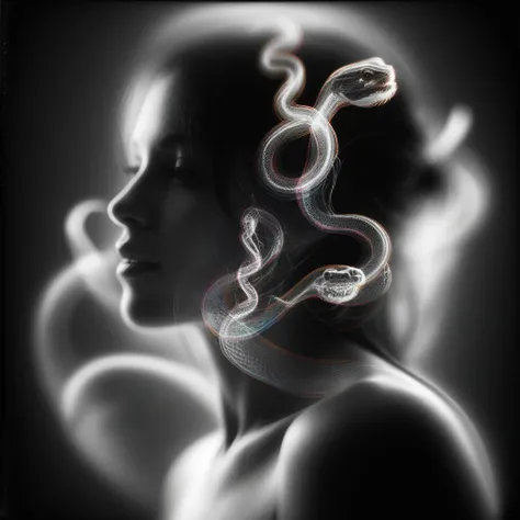 A close-up left facing, black and white, pinhole camera, profile portrait, a beautiful brunette woman made of glass, colorful light from hoph fibration bundles create quantum gravity that dramatically distorts, stretches, twisting her features, snakes climb through her distorted features