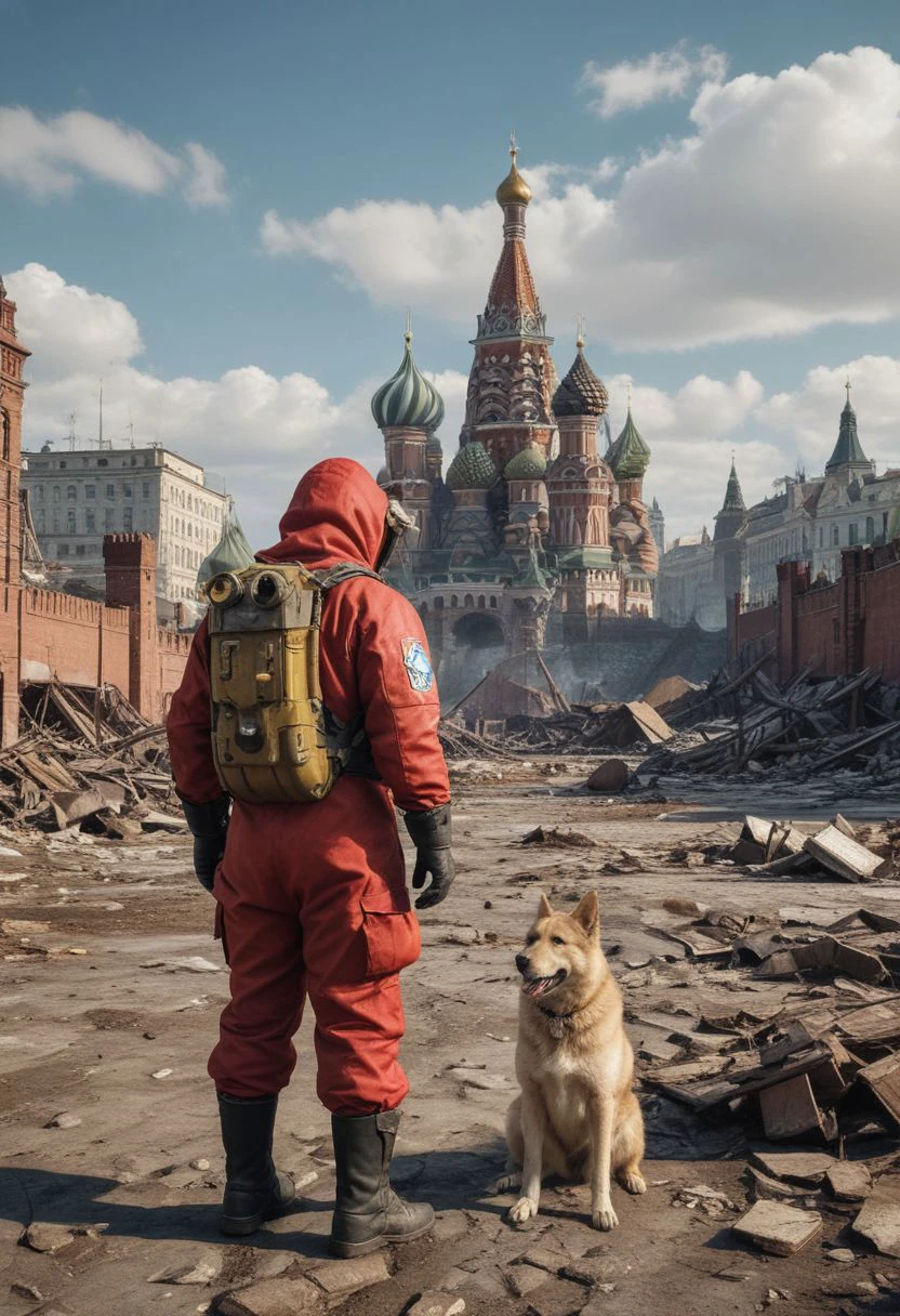 A landscape depicting a post-apocalyptic world where nature has defeated the remnants of civilization. Show abandoned city ruins or wastelands that tell the story of the fall of powerful empires. fallout vault. nuclear strike. Moscow. the Red Square. Kremlin. a man in a protective suit. dog. fallout 76