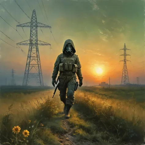 An digital illustration drawing masterpiece with intricate details and the best quality art by, (petrus van schendel) (Hans Larwin) and (dorian cleavenger) with (luis royo), (chernobyl) exclusion zone, clear sky, sunset, late summer, vast meadow, tall grass, wildflowers, train station in the distance, high voltage power lines, prypiat silhouette on the horizon, young attractive stalker woman, walking, in motion, wearing, hooded jacket, kevlar vest, tactical pants, tactical gear, military backpack, thigh holster, delivate face, upturned nose, full lips, green eyes, m17 gas mask, <lora:Kodak Motion Picture Film Style v4:1> <lora:add_detail:0.8> <lora:aesthetic:0.8> <lora:LaxpeintXL-2.0:0.5> <lora:extremely_detailed:0.5> <lora:Desolation:0.3>