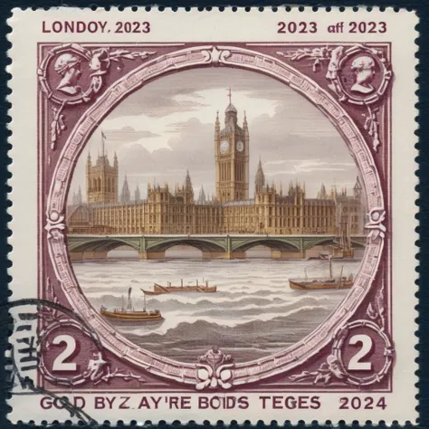 London postage stamp with the sayings "Good bye 2023" , masterpiece, best quality, highres, very creative, original, newest, best aesthetic, e, Victorian era, digital art,