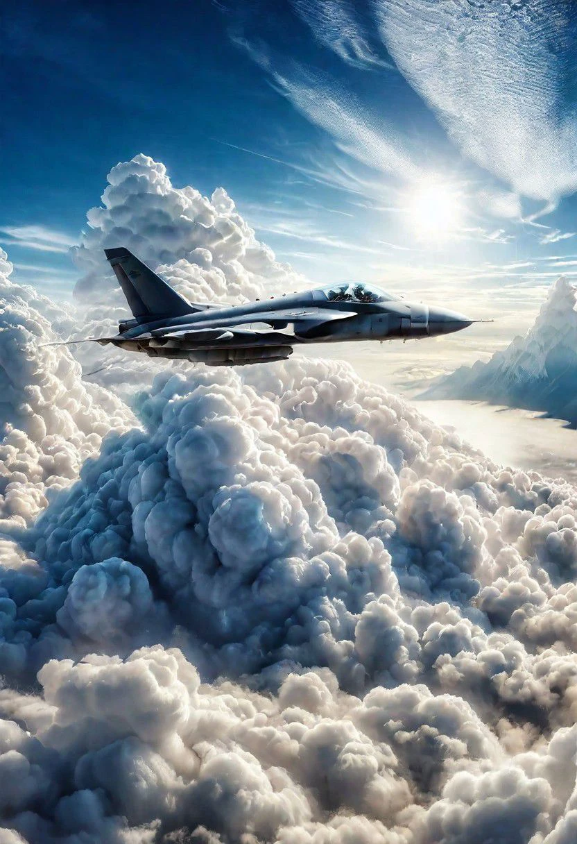 side shot, ais-cloudz fighter jet flying above the clouds, soothing, realistic, SK_CINEMATIC
