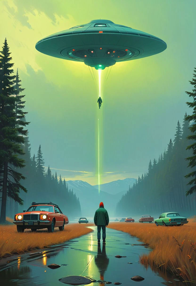 Vibrant (George Tooker) and (Simon Stalenhag) and (Holly Andres) book cover style.
Title: "Alien Abduction".
Life-like details.
Cinematic. Dramatic. Dynamic.
Pristine Aesthetic.
Enigmatic.
Emotionally Moving.
Moody.
Extremely refined lines and and shapes.
Extremely refined details on objects.
Sharp details.
Complementary colors.
Many details everywhere. Ray-Tracing. Anti-Aliasing. Realistic soft shadows. Low saturation colors. Insane quality. Insane resolution. Insane details. Masterpiece. 32k resolution.