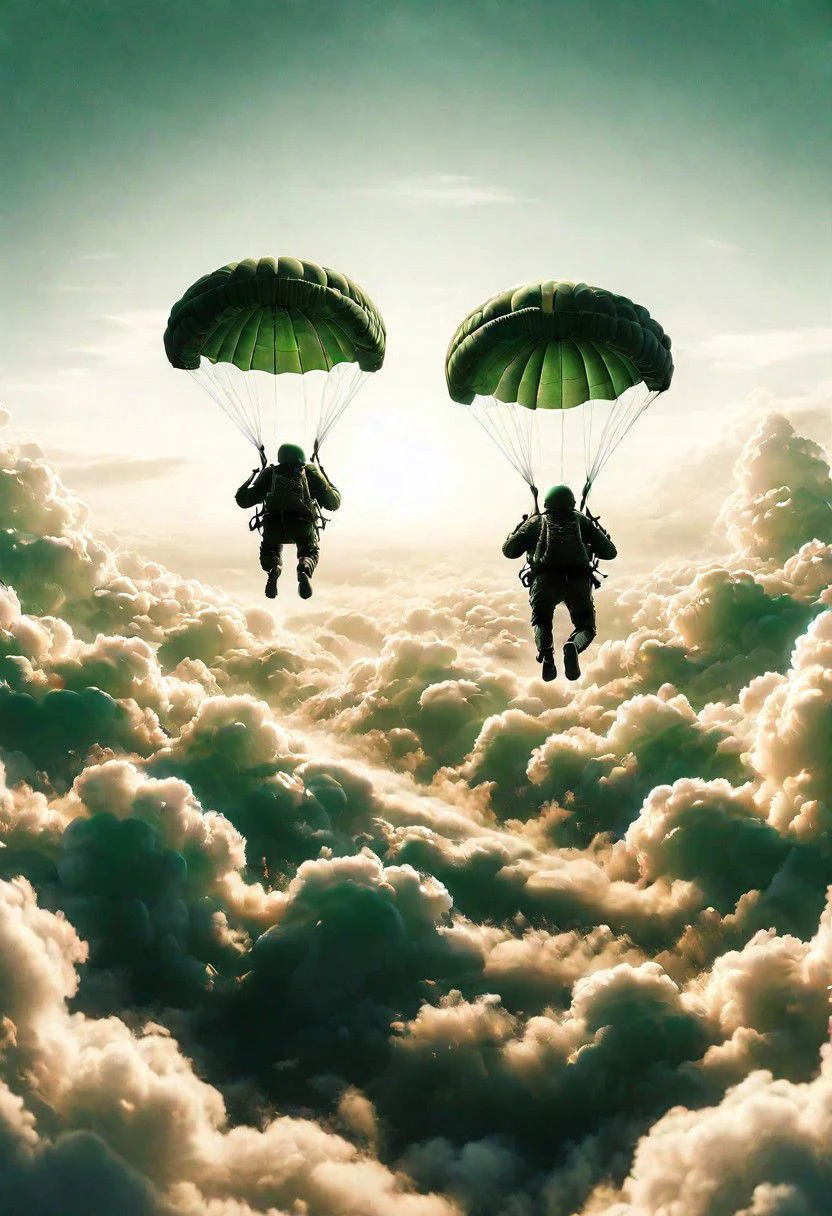 side shot, ais-cloudz dark silhoutte of two parachutists running down a green wawy hill, soothing, realistic, SK_DIGITALART