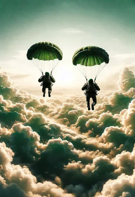 side shot, ais-cloudz dark silhoutte of  two parachutists running down a green wawy hill, soothing, realistic, SK_DIGITALART