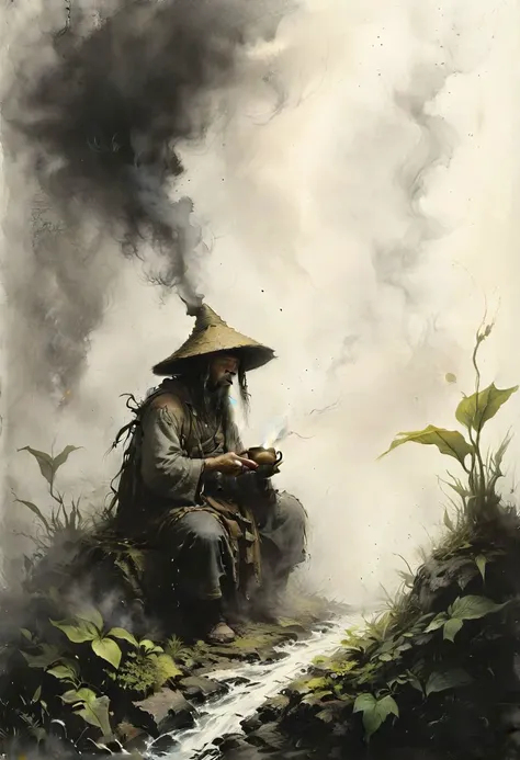 by Studio Ghibli and Jean-Baptiste Monge,in the style of nicola samori,
A beam of sunshine,
Walking through the silent inn,
A pot of tea,diffused with dense smoke,
No thought,no thought,
Time is on the leaf stalk of the plantain,
Gather water to form beads,
Zen painting illustration,<lora:20240222-1708571578268:0.8>,<lora:lora:0.6>,as style,