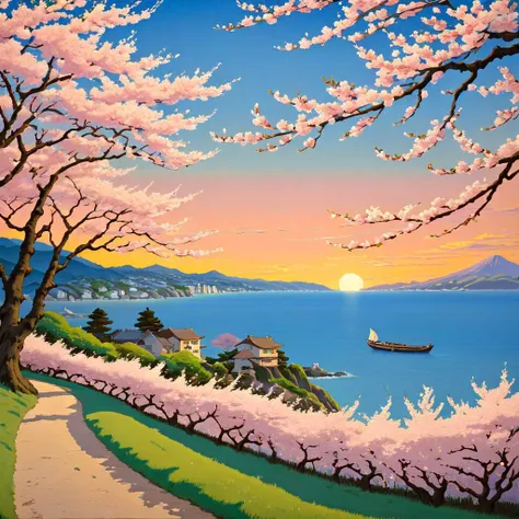 Spring evening, view on the sea, (cherry blossom), style of ghibli, hayao miyazaki, SK_Ghibli